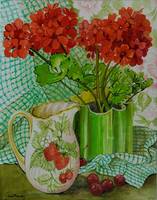 Red geranium with the strawberry jug and cherries