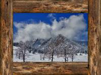 Snowy Boulder Flatirons Rustic Wood Window View