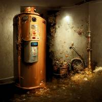 broken  water  heater  in  a  basement  photoreali