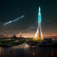 space  rocket  by  city  surrounded  launching  ra