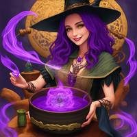 Purple Hair Witch Casting Spell in Cauldron